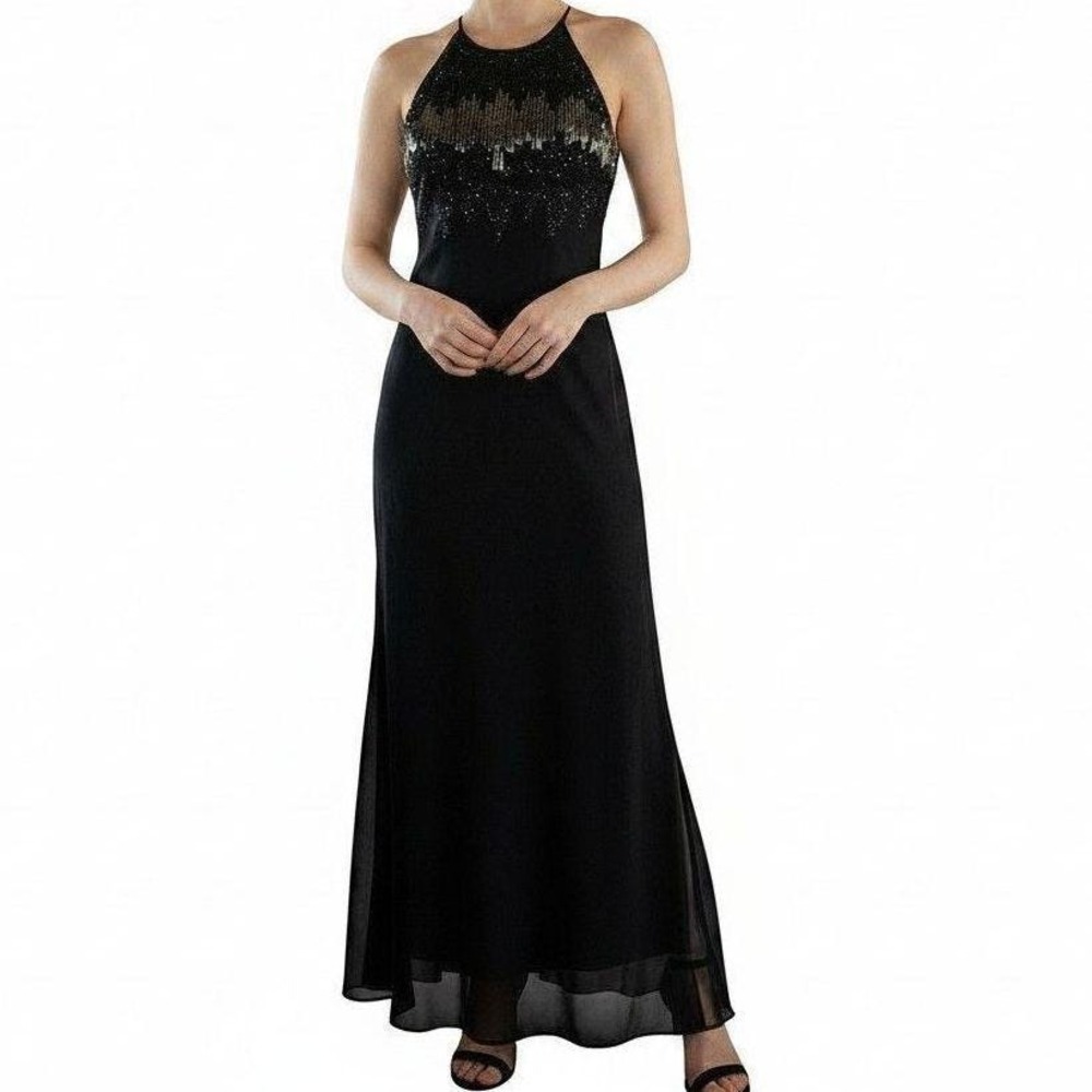 Vintage Cachet Black Sleeveless Beaded Evening Gown Size 4 Sheer overlay Y2K